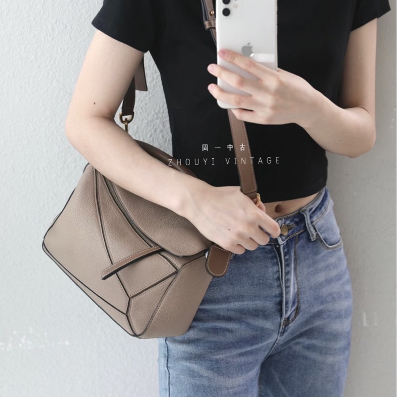 絕版羅意威幾何包LOEWE沙色拼棕牛皮Puzzle小號手提側背包-2