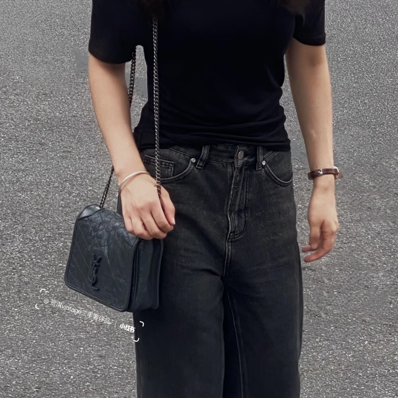 聖羅蘭迷你Niki YSL黑銀揉製牛皮NIKI CHAIN WALLET  5831030EN04-1