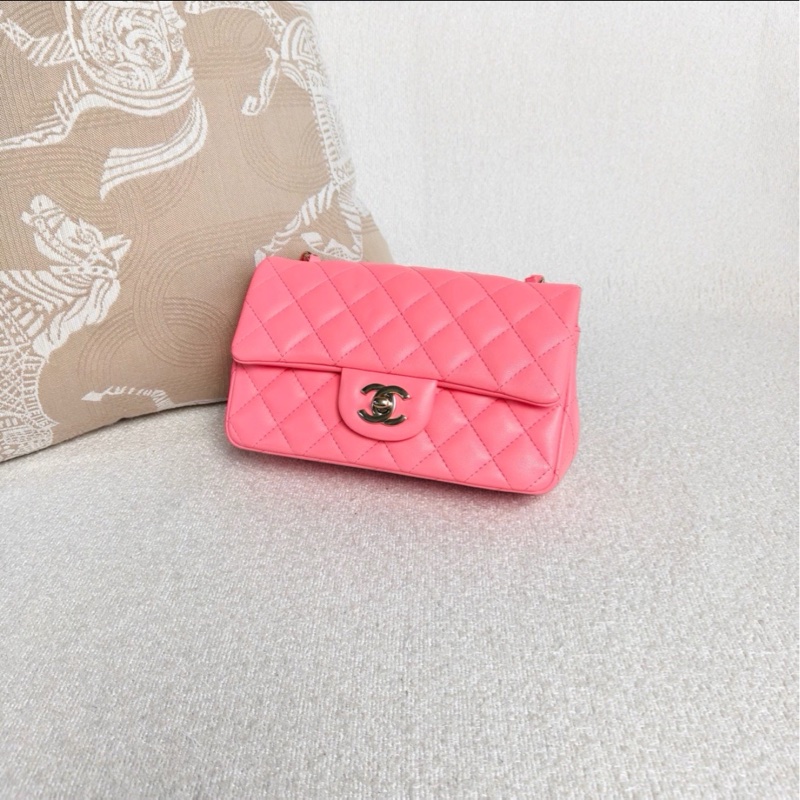甜美富金款😍超限量💯Chanel香奈兒少女粉色金扣大mini cf單肩斜挎包-9