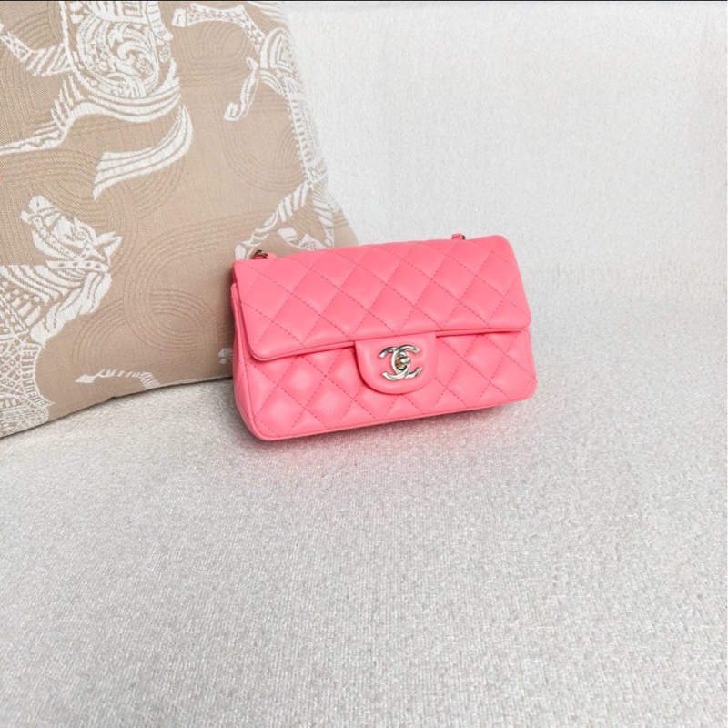 甜美富金款😍超限量💯Chanel香奈兒少女粉色金扣大mini cf單肩斜挎包-11
