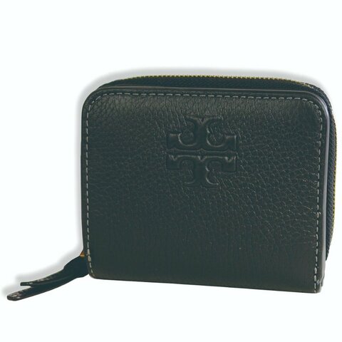 【TORY BURCH】牛皮皮革浮雕logo拉鍊短夾-黑