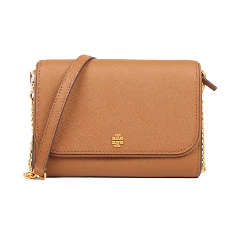【TORY BURCH】十字紋防刮皮革掀蓋按釦斜背包-駝-4
