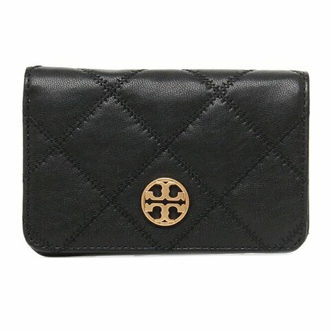 【TORY BURCH】菱格紋羊皮皮革金屬圓標LOGO中夾-黑