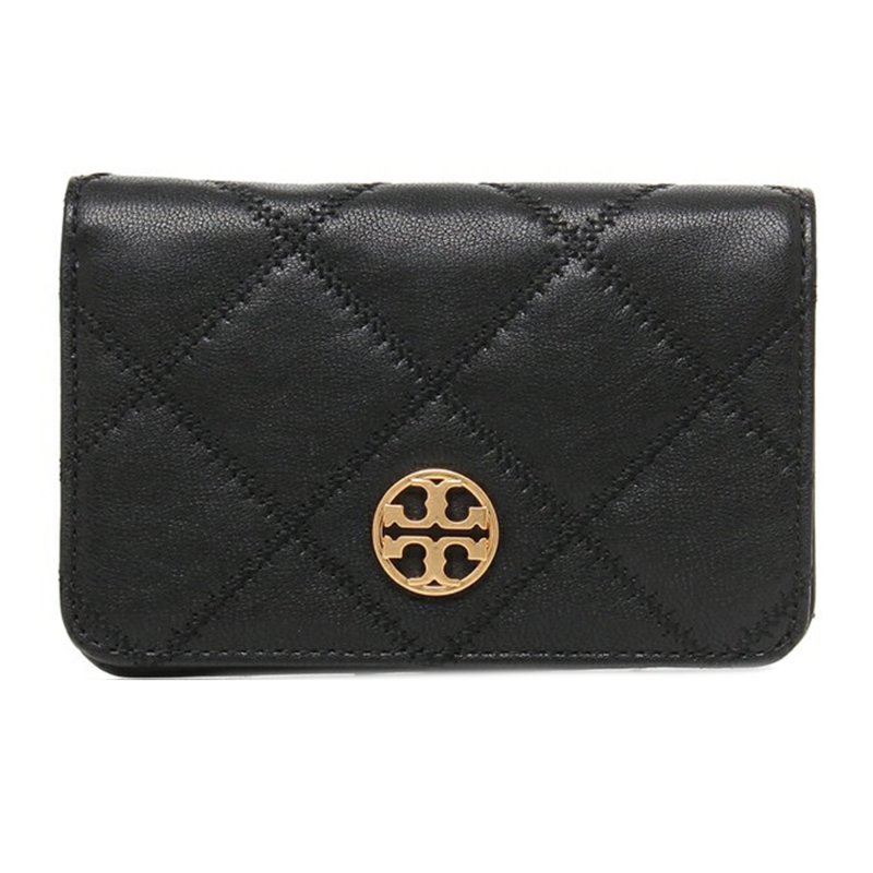 【TORY BURCH】菱格紋羊皮皮革金屬圓標LOGO中夾-黑-0