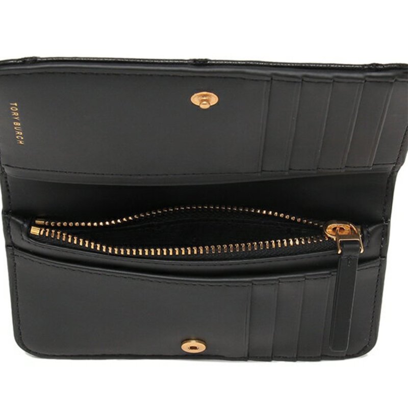 【TORY BURCH】菱格紋羊皮皮革金屬圓標LOGO中夾-黑-1