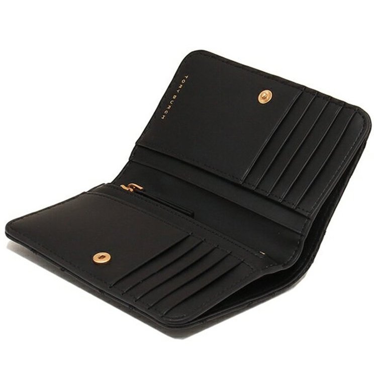 【TORY BURCH】菱格紋羊皮皮革金屬圓標LOGO中夾-黑-3