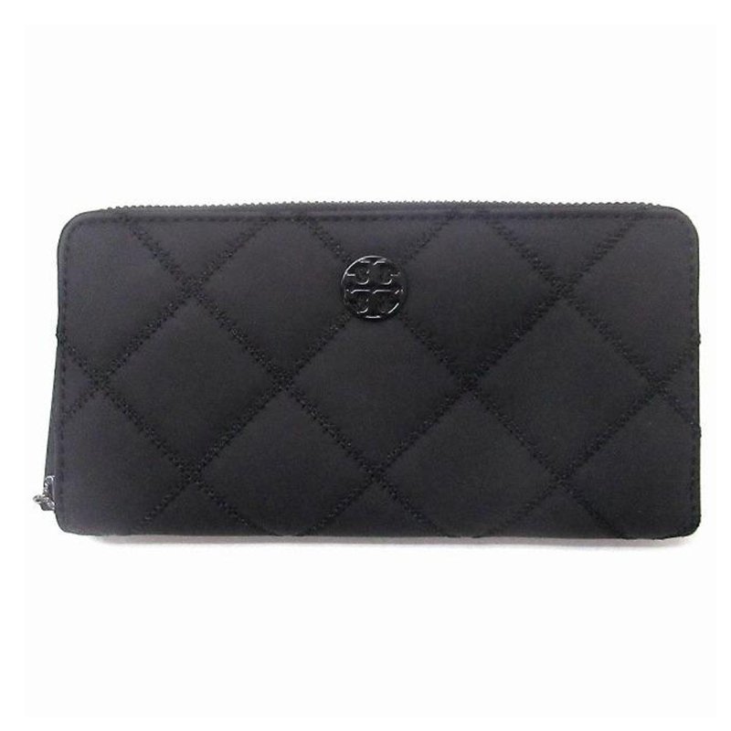 【TORY BURCH】高質感霧面菱格紋全黑圓標LOGO長夾-黑-0