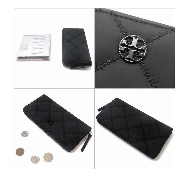 【TORY BURCH】高質感霧面菱格紋全黑圓標LOGO長夾-黑-3