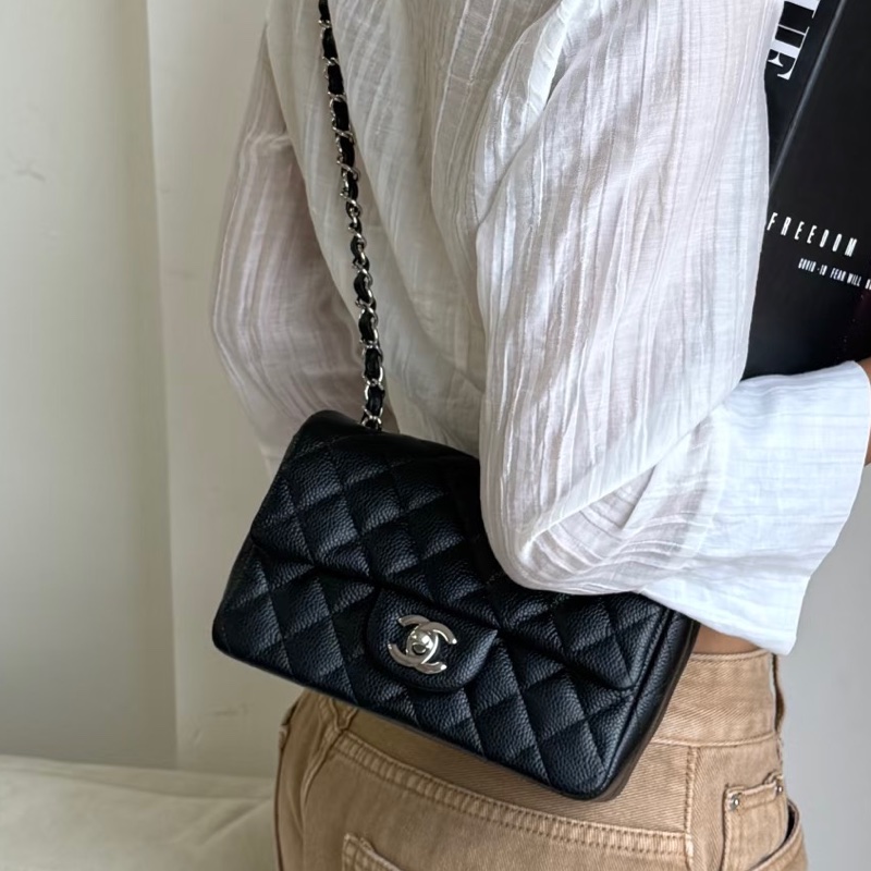 實用熱門款❤️🔥99新🆕Chanel香奈兒黑銀荔枝牛皮大mini cf20單肩斜挎包-1