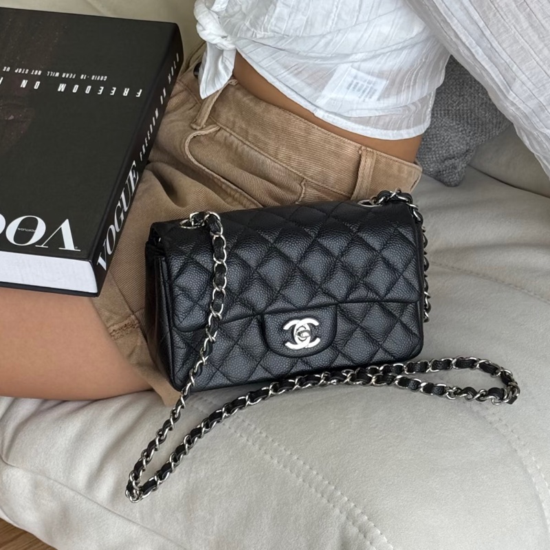 實用熱門款❤️🔥99新🆕Chanel香奈兒黑銀荔枝牛皮大mini cf20單肩斜挎包-2