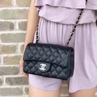 實用熱門款❤️🔥99新🆕Chanel香奈兒黑銀荔枝牛皮大mini cf20單肩斜挎包-4