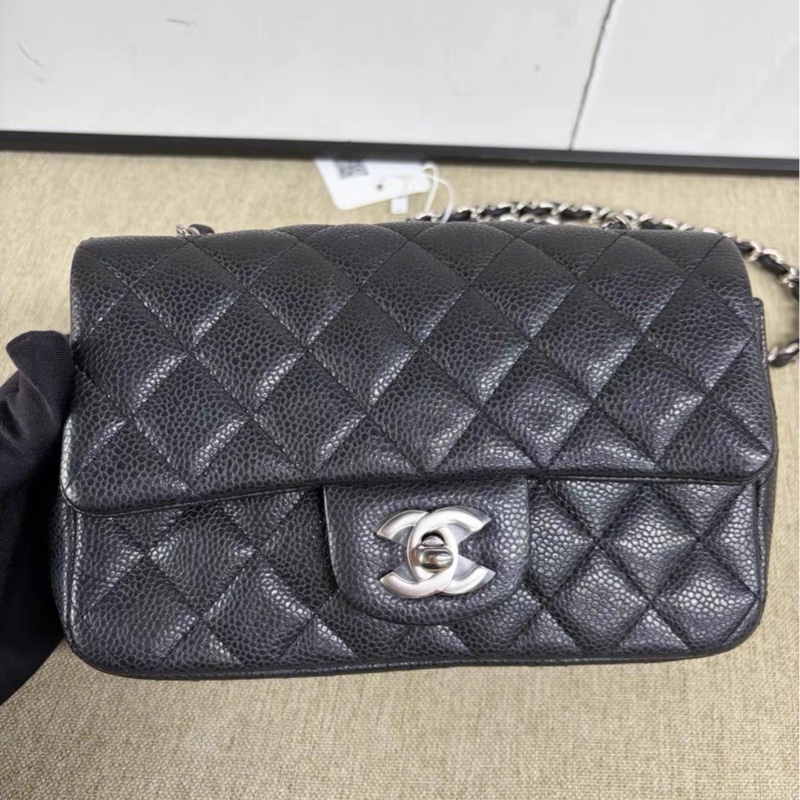 實用熱門款❤️🔥99新🆕Chanel香奈兒黑銀荔枝牛皮大mini cf20單肩斜挎包-7