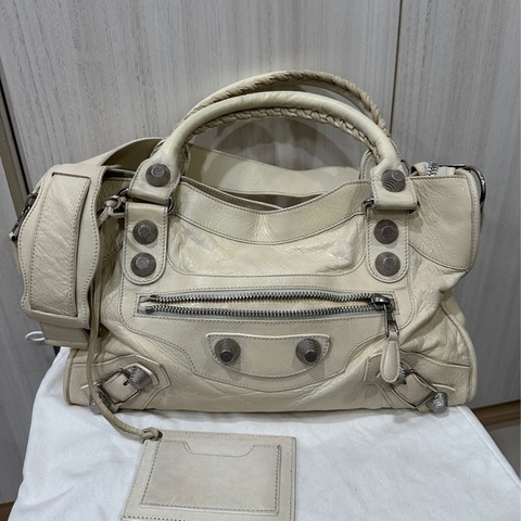Balenciaga Giant City 白色銀扣機車包