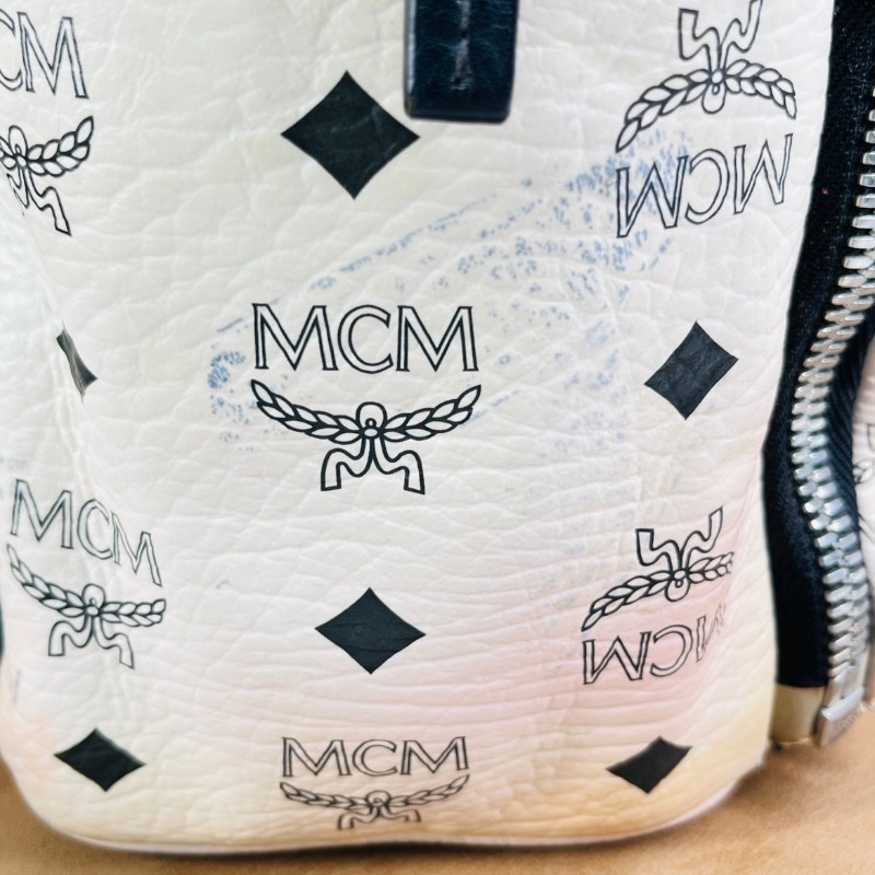 MCM 白色老花拼皮雙肩包 容量大-10