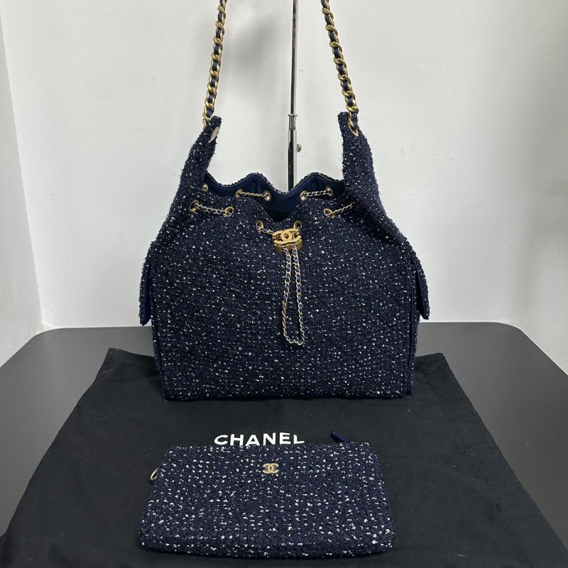 Chanel 中號 海軍藍毛呢 肩背包34*28 99新配件塵袋-1