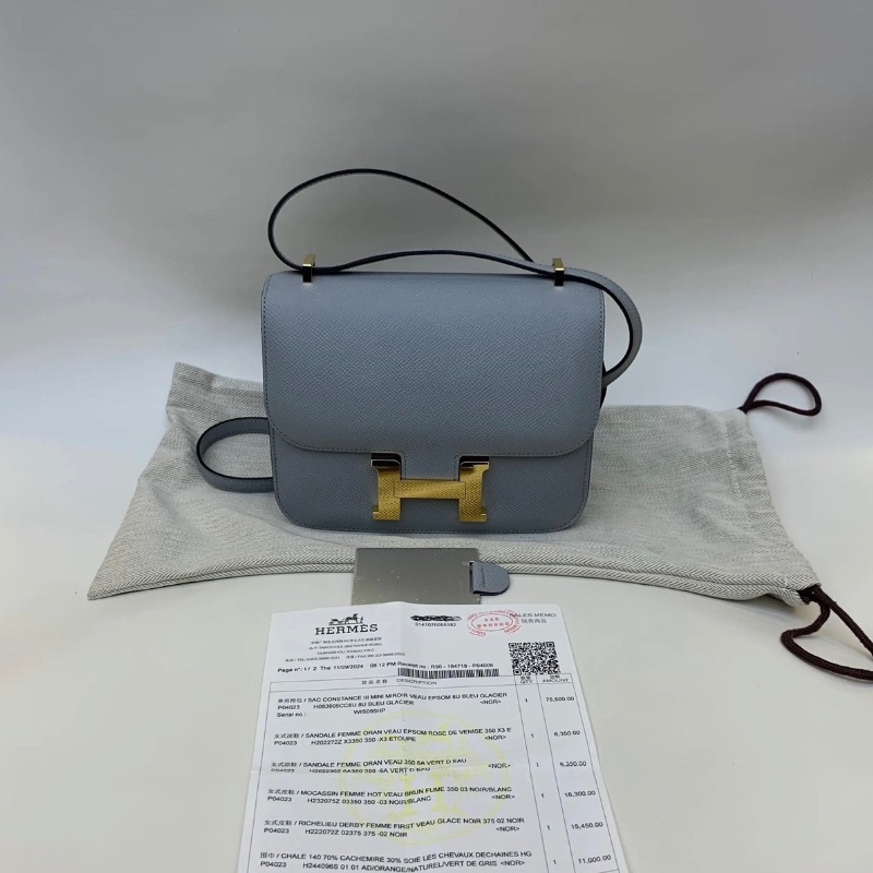 Hermes 康康19 8u冰川藍 19*15*5 全新配件購證塵袋鏡子盒子-1