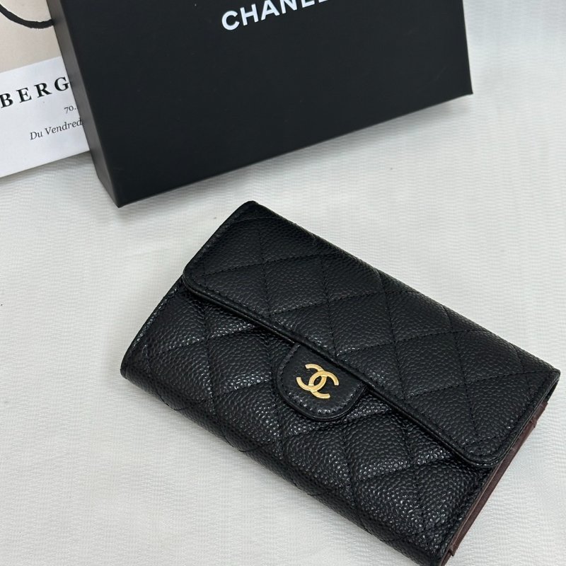 【現貨】CHANEL 經典 牛皮 魚子醬 黑金配色 中夾-0