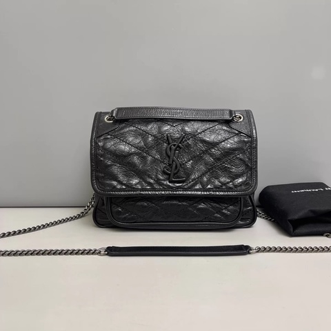 YSL Niki黑銀油臘皮小號