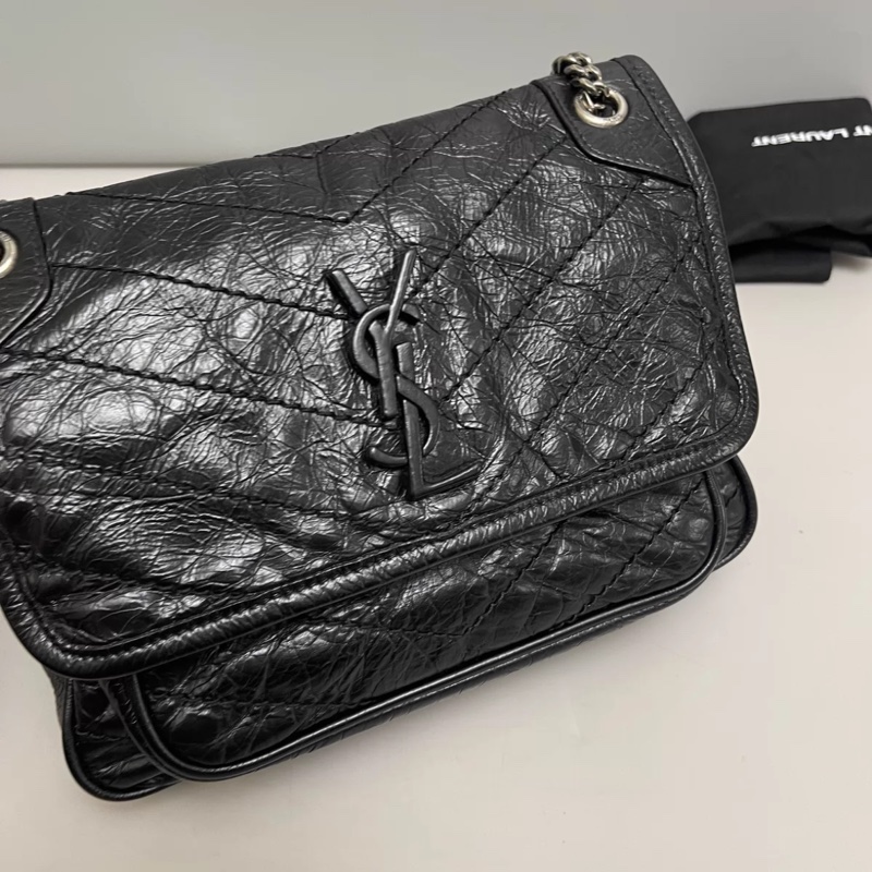 YSL Niki黑銀油臘皮小號-5