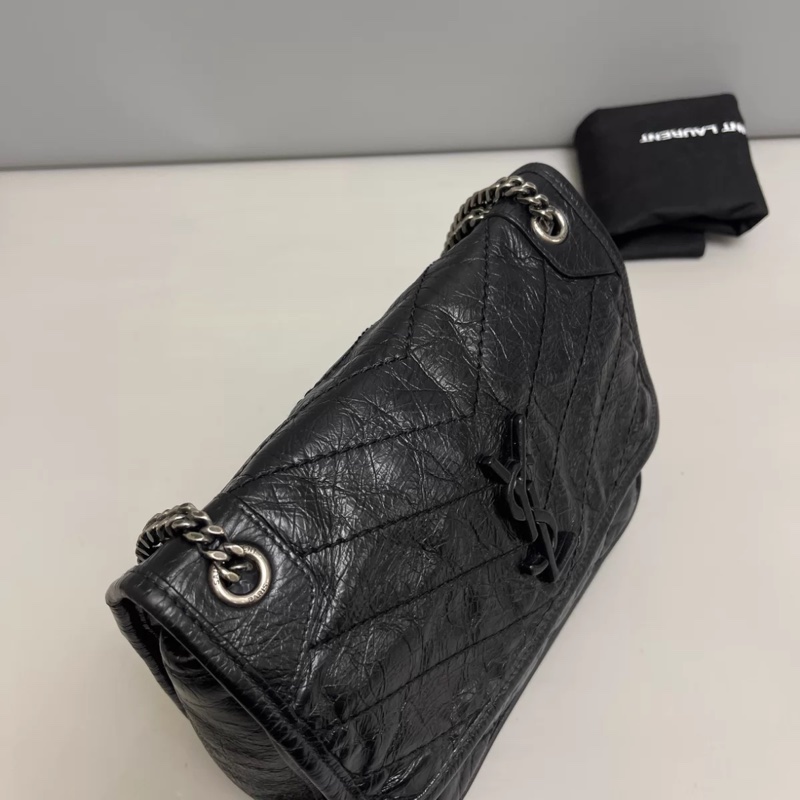 YSL Niki黑銀油臘皮小號-6