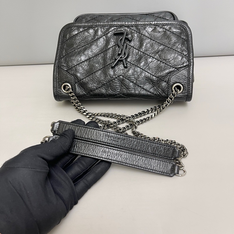 YSL Niki黑銀油臘皮小號-17