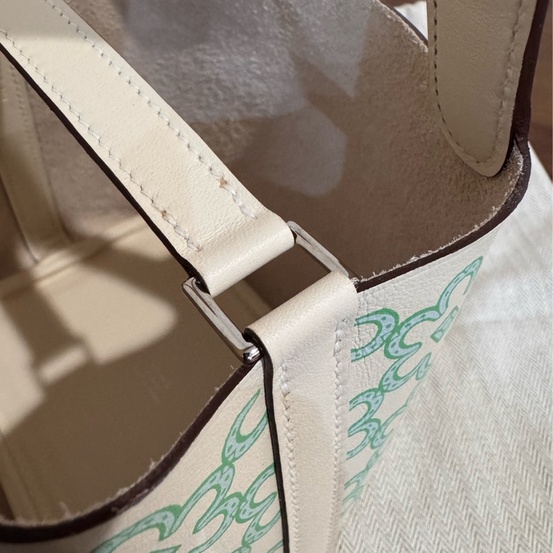 HERMES Picotin 14 Swift迷你小花菜籃(AB白x綠/U刻/銀釦)-2