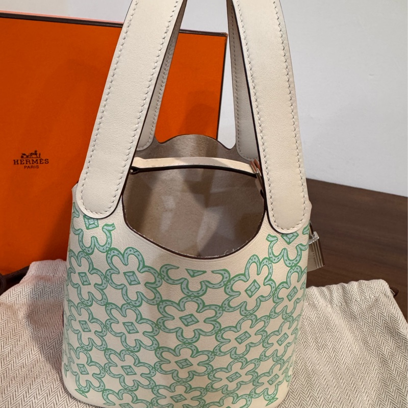 HERMES Picotin 14 Swift迷你小花菜籃(AB白x綠/U刻/銀釦)-7