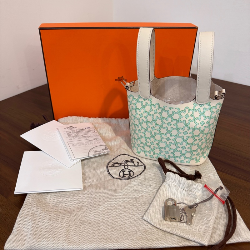 HERMES Picotin 14 Swift迷你小花菜籃(AB白x綠/U刻/銀釦)-19