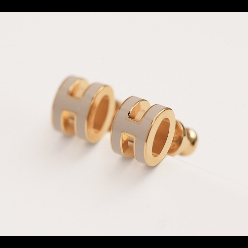 Herme's  mini pop H 奶茶玫瑰金針式耳環-2