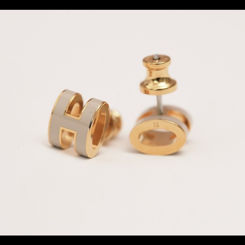 Herme's  mini pop H 奶茶玫瑰金針式耳環-3