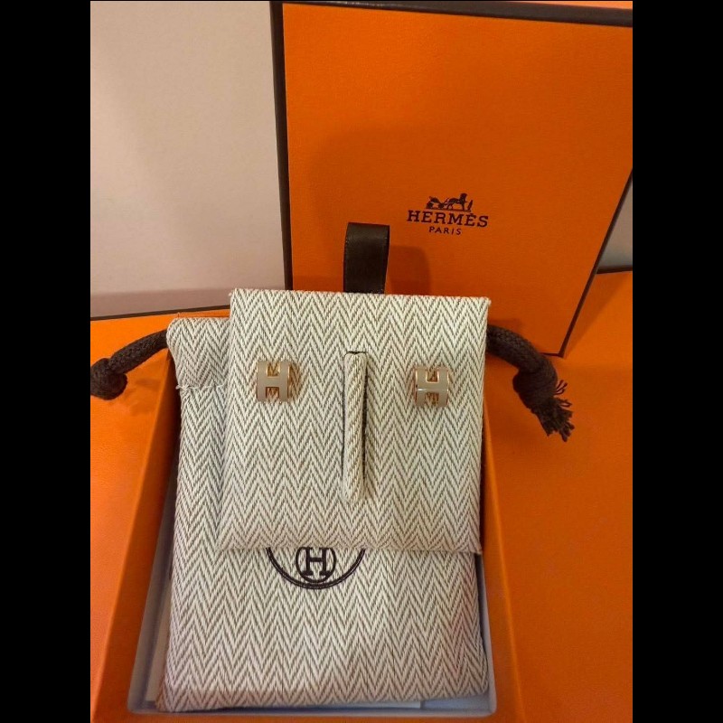 Herme's  mini pop H 奶茶玫瑰金針式耳環-4