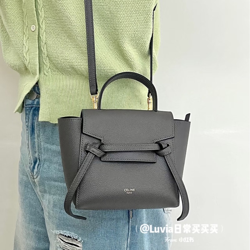 賽琳絕版鯰魚包Celine大象灰牛皮金釦Pico Belt鯰魚包-1