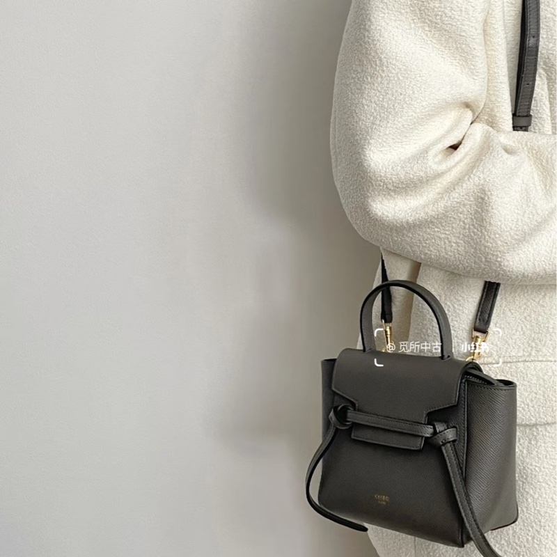 賽琳絕版鯰魚包Celine大象灰牛皮金釦Pico Belt鯰魚包-6