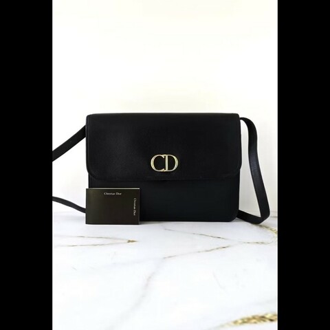 【LA LUNE】絕版中古包 Dior Montaigne黑金牛皮翻蓋包 單肩包 側背包 斜背包 側孭包