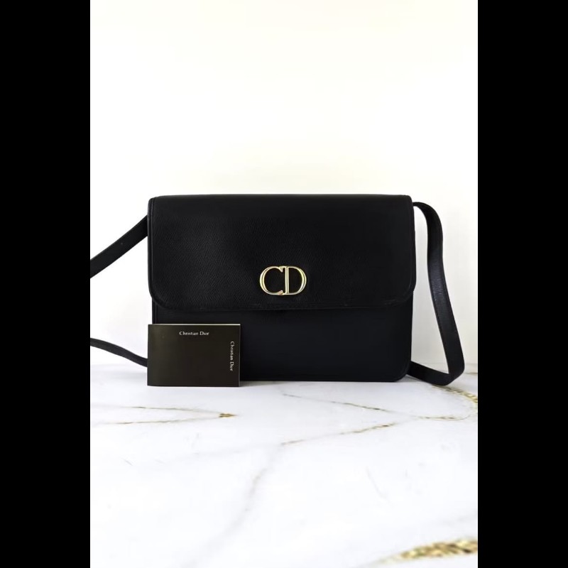 【LA LUNE】絕版中古包 Dior Montaigne黑金牛皮翻蓋包 單肩包 側背包 斜背包 側孭包-0