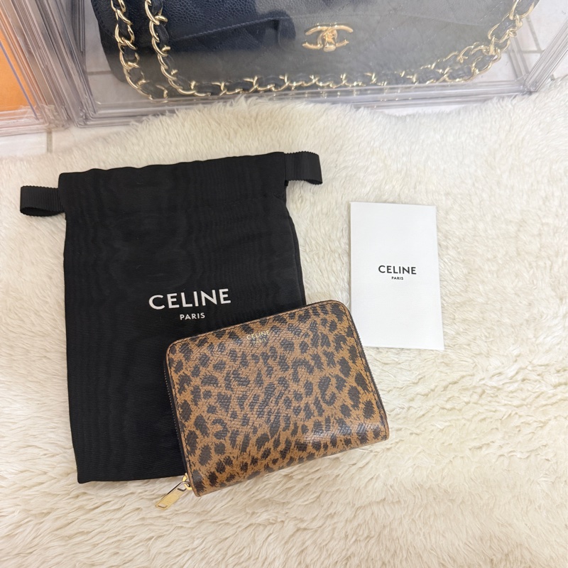 celine 棕色 零錢包 拉鏈短夾 中夾 容量好用的皮夾 豹紋招財錢包-1