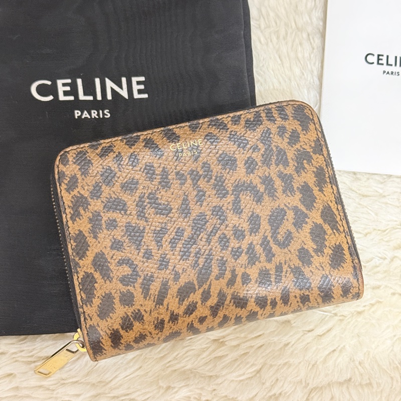 celine 棕色 零錢包 拉鏈短夾 中夾 容量好用的皮夾 豹紋招財錢包-2