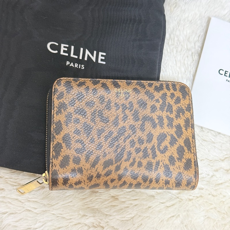 celine 棕色 零錢包 拉鏈短夾 中夾 容量好用的皮夾 豹紋招財錢包-3