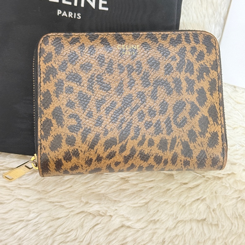 celine 棕色 零錢包 拉鏈短夾 中夾 容量好用的皮夾 豹紋招財錢包-11