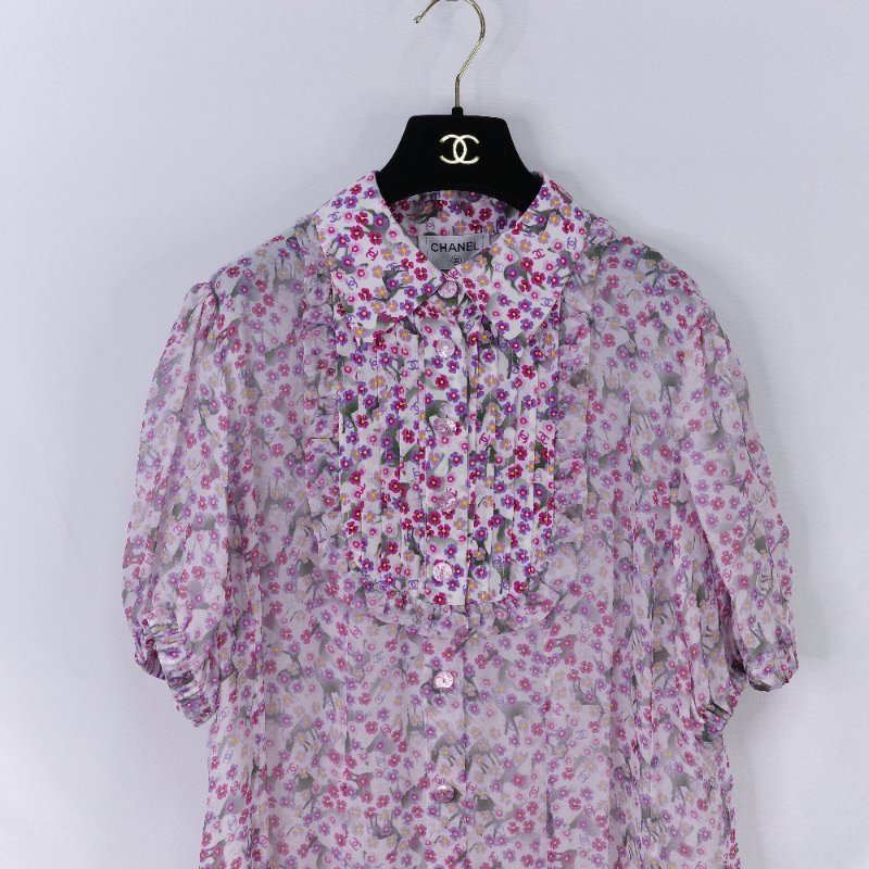 Chanel 香奈兒 25春夏 碎花 薄紗 短袖 襯衫裙 長洋裝-3