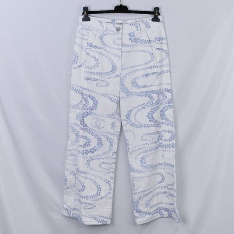 Chanel 香奈兒 碎花 白底藍色 高腰印花丹寧長褲