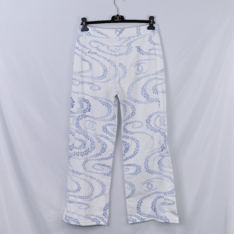 Chanel 香奈兒 碎花 白底藍色 高腰印花丹寧長褲-1