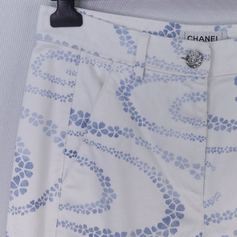 Chanel 香奈兒 碎花 白底藍色 高腰印花丹寧長褲-2