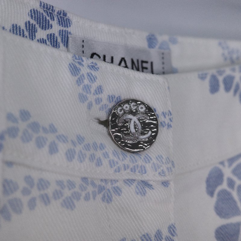 Chanel 香奈兒 碎花 白底藍色 高腰印花丹寧長褲-7
