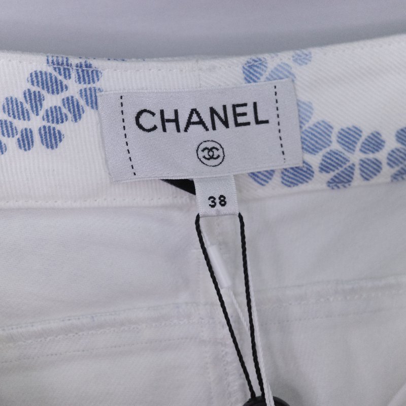 Chanel 香奈兒 碎花 白底藍色 高腰印花丹寧長褲-8