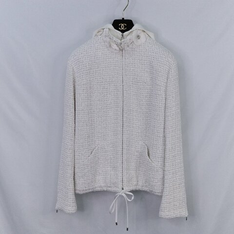 Chanel 香奈兒 立體花卉水晶裝飾 白色斜紋 軟呢外套