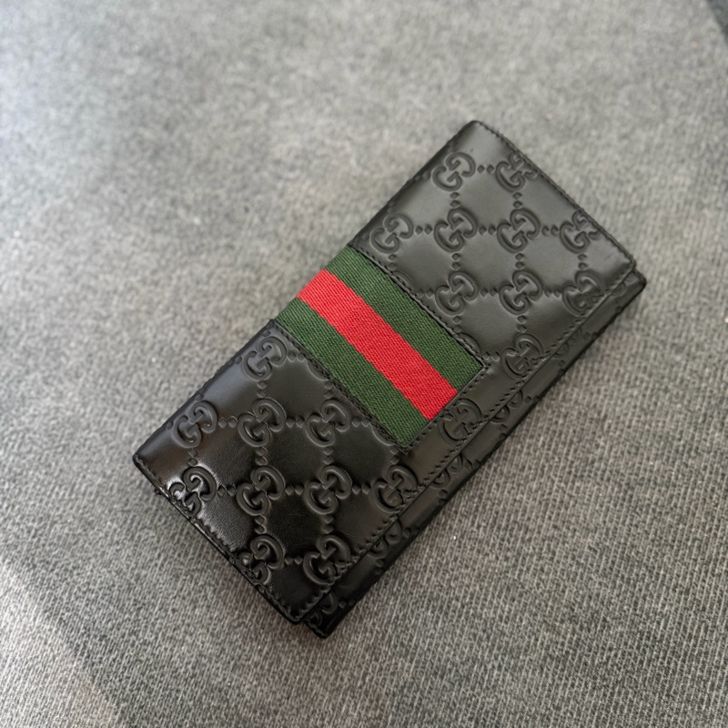 Gucci 綠紅綠織帶壓印牛皮對開長夾-0