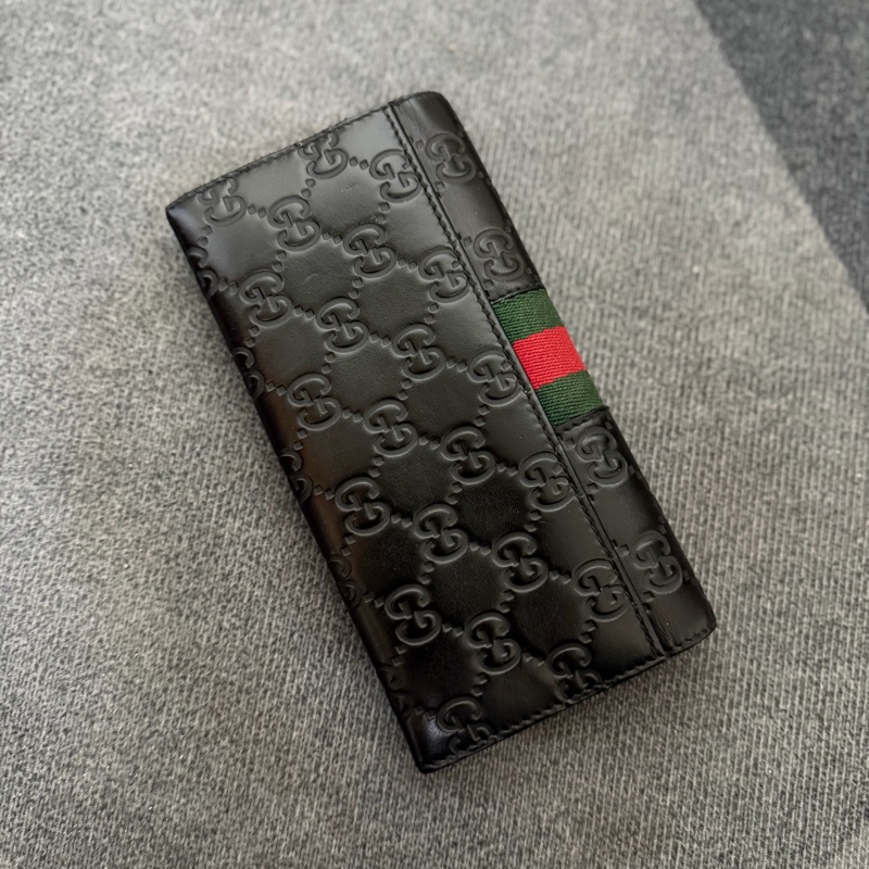 Gucci 綠紅綠織帶壓印牛皮對開長夾-1
