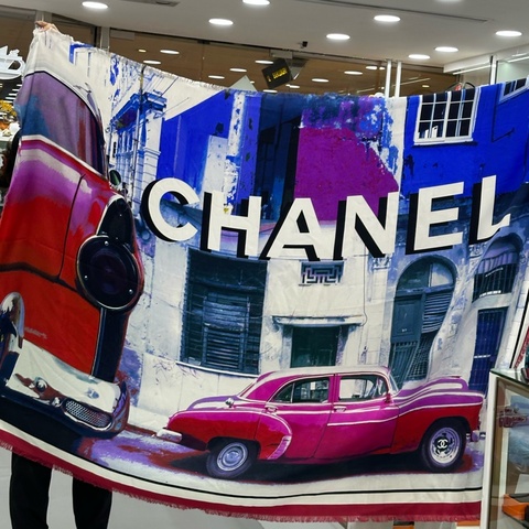 Chanel香奈兒稀有款超大掛畫絲巾 披肩 圍巾 古巴系列 超大一幅