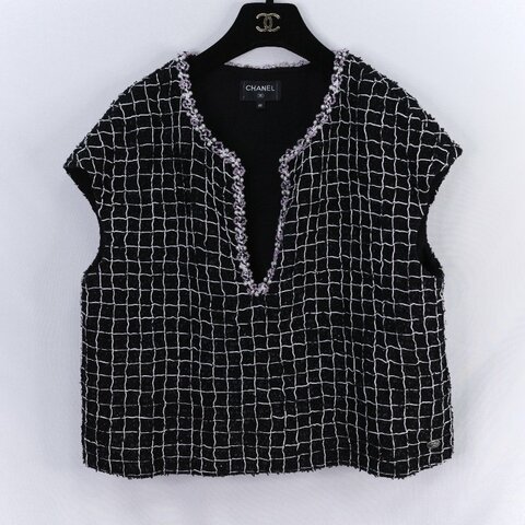 Chanel 香奈兒 黑白格紋亮片 裝飾珠珠 領口斜紋軟呢上衣